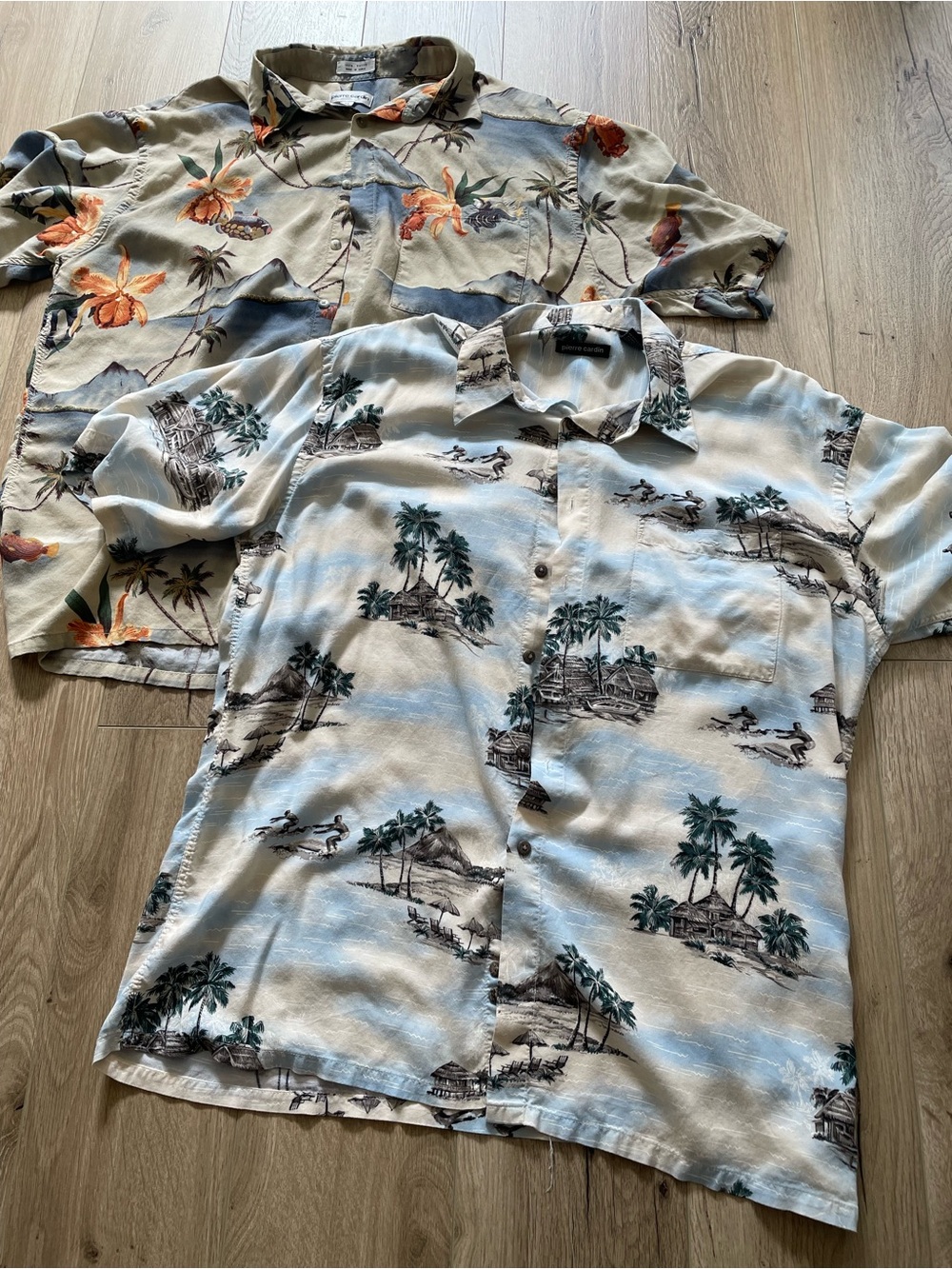 Pair bundle lot two vintage Pierre Cardin Hawaiian aloha rayon shirts L XL boxy